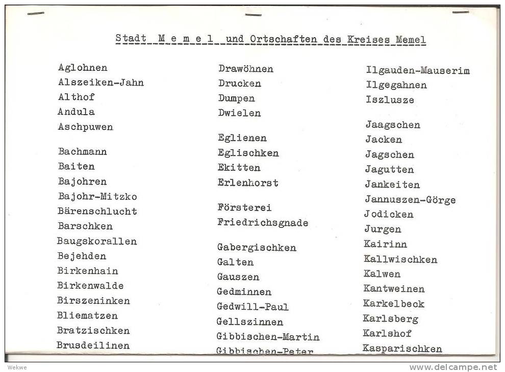 Memel. Sämtliche Ortschaften Im Bezirk Memel, Erstellt 1940 (3 Seiten) - Sonstige & Ohne Zuordnung