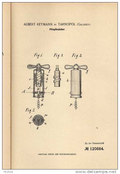 Original Patentschrift - A. Reymann In Tarnopol , 1899 , Korkenzieher , Tire-bouchon , Corkscrew !!! - Antike Werkzeuge