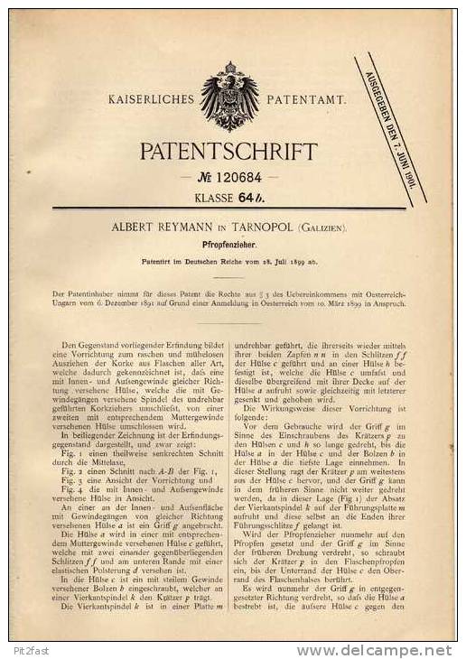 Original Patentschrift - A. Reymann In Tarnopol , 1899 , Korkenzieher , Tire-bouchon , Corkscrew !!! - Antike Werkzeuge