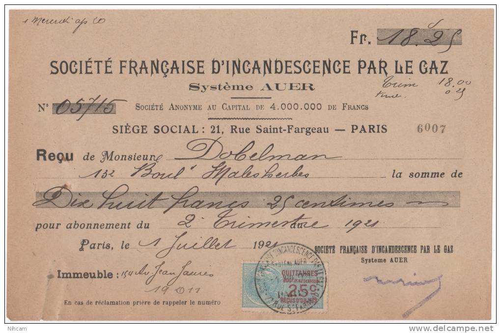 " SOCIET. FRANC. D'INCANDESCENCE PAR LE GAZ " 25c Quittances (100F Et Au Dessous) 1 JUIL1921 - Elettricità & Gas