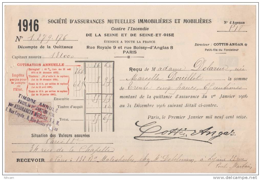 " Assurances CONTRE L'INCENDIE " 10c Quittances (200F Et Au Dessous) 1 JAN 1916 - Bank & Insurance