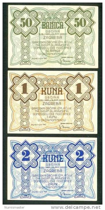 RRR CROATIA , N D H , EMERGENCY MONEY ZAGREB , 0,5 , 1 & 2 KUNE 1.9.1942. UNC - Croatie