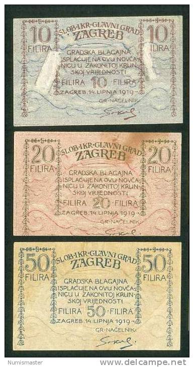CROATIA , ZAGREB , 10 , 20 & 50 FILLER 14.6.1919 . XF - Kroatië