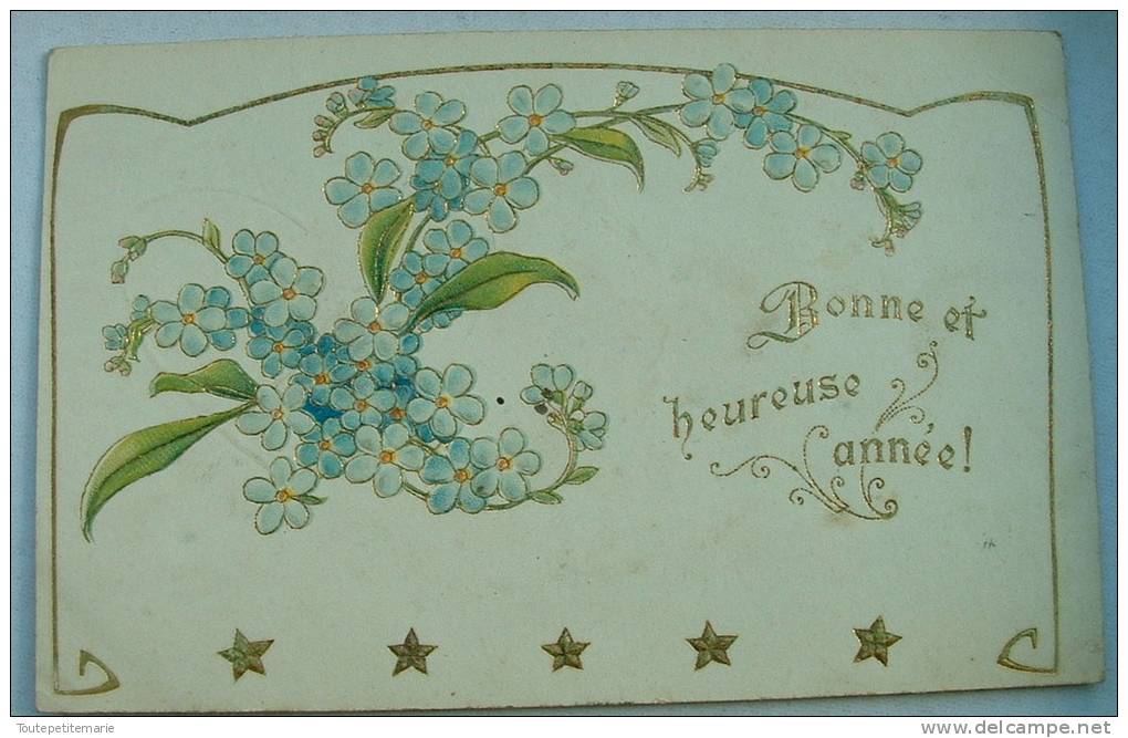 Carte Gauffrée Bandeau De Fleur Bleues Bonne Et Heureuse Année - Altri & Non Classificati