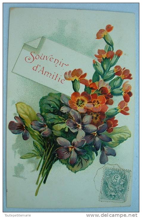 Carte Gauffrée Bouquets De Fleurs Souvenir D'amitié - Autres & Non Classés