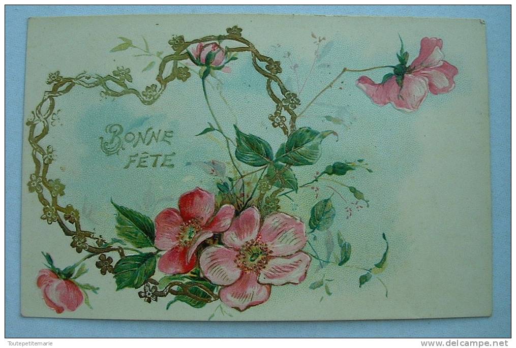 Carte Gauffrée Coeur + Fleurs Roses Bonne Fete - Autres & Non Classés