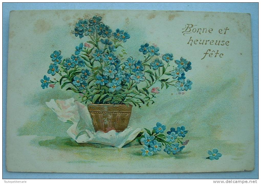 Carte Gauffrée Pot De Fleur Or + Fleurs Bleues Bonne Et Heureuse Fête - Autres & Non Classés