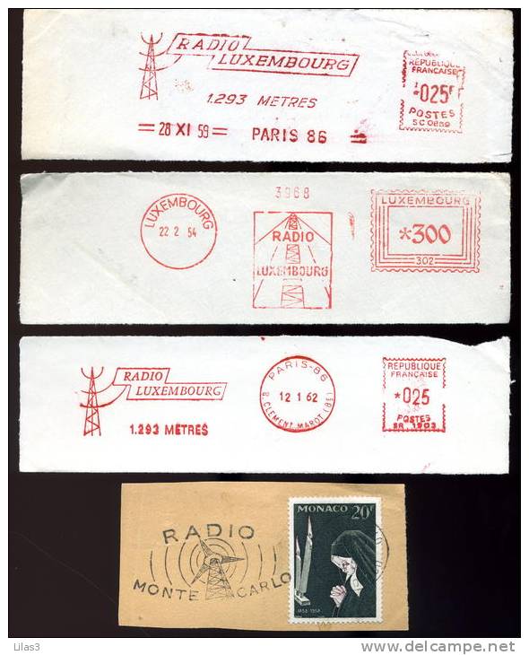 Paris 1959 Et 1962 Luxembourg 1954 3 EMA Sur Fragment + 1 Flamme Radio Luxembourg Antenne Onde Communication - Franking Machines (EMA)