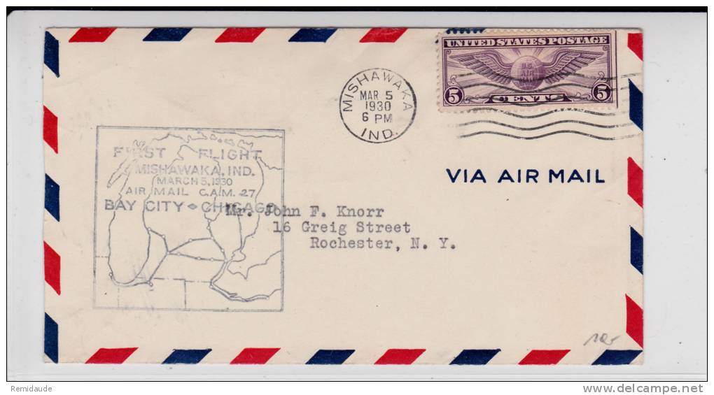 USA - 1930 - ENVELOPPE AIRMAIL De MISHAWAKA - 1° VOL BAY CITY à CHICAGO - - 1c. 1918-1940 Cartas & Documentos