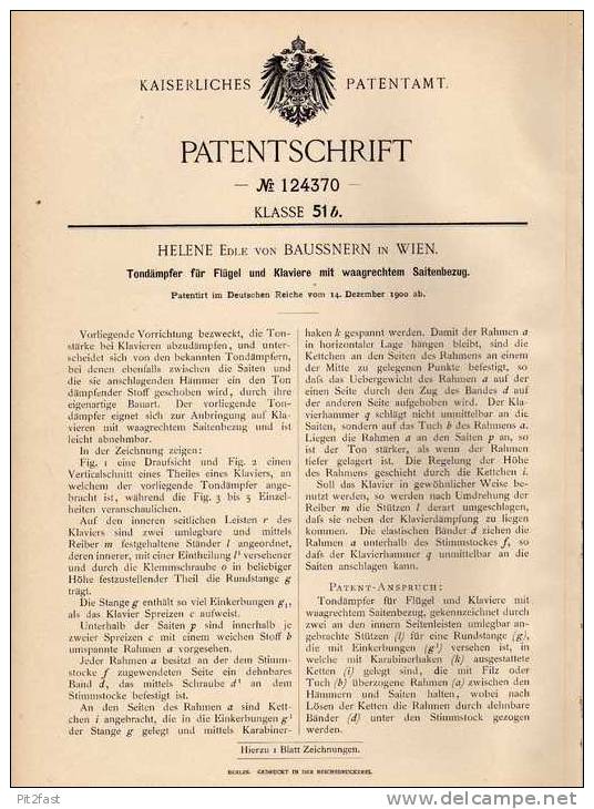 Original Patentschrift - Helene Edle Von Baussnern In Wien , 1900 , Tondämpfer Für Flügel Und Klavier !!! - Musical Instruments