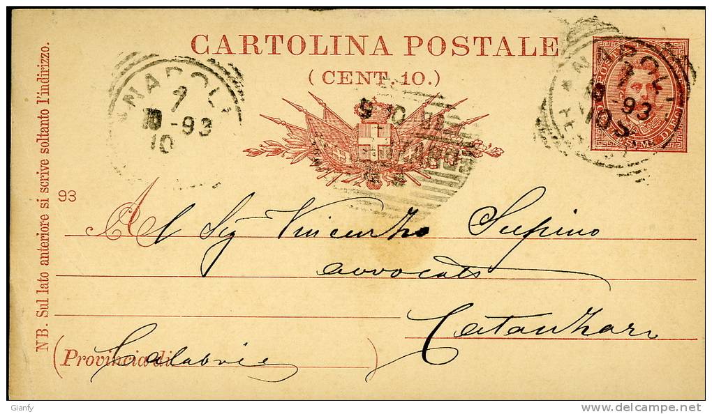 INTERO REGNO UMBERTO I 10 C. BIGOLA VG 1893 NAPOLI X CATANZARO - Interi Postali