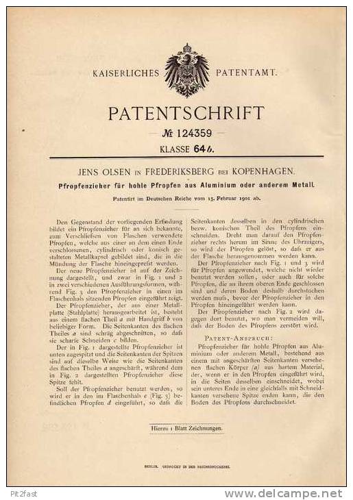 Original Patentschrift - J. Olsen In Frederiksberg B. Kopenhagen , 1901 , Korkenzieher , Pfropfenzieher   !!! - Antike Werkzeuge