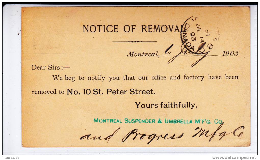 CANADA - 1903 - CARTE POSTALE ENTIER Avec REPIQUAGE PRIVE De MONTREAL - 1860-1899 Regering Van Victoria