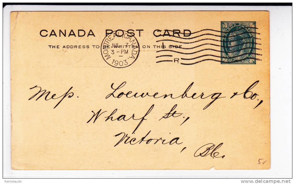 CANADA - 1903 - CARTE POSTALE ENTIER Avec REPIQUAGE PRIVE De MONTREAL - 1860-1899 Reinado De Victoria