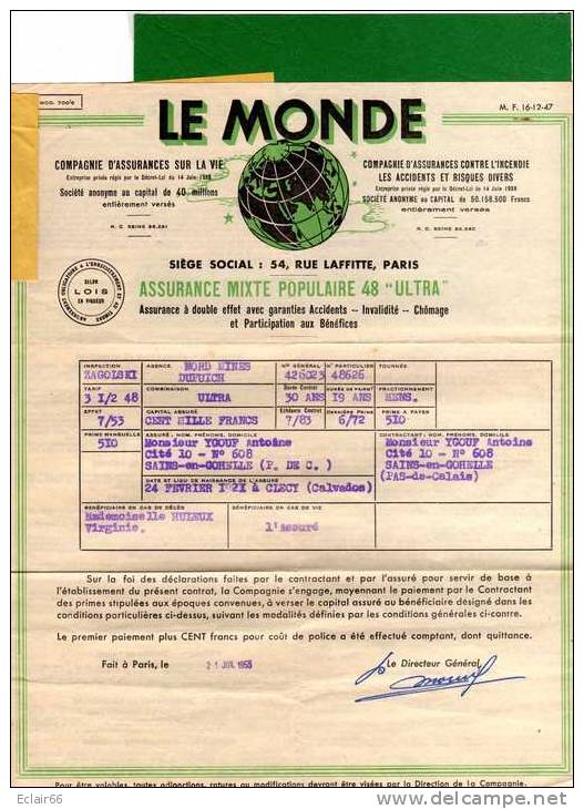 POLICE D ASSURANCE MIXTE LE MONDE Assurances Vie   Incendie   Fait A Paris Année 1953 - Bank & Insurance