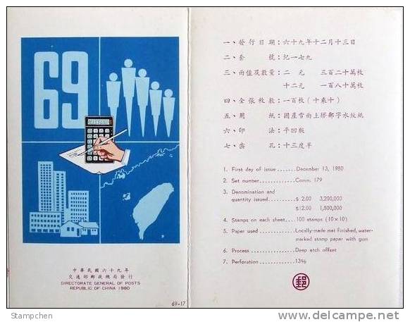 Folder Taiwan 1980 Population & Housing Census Stamps Family National Flag Maths Calculator - Nuovi