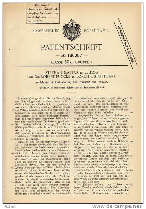 Original Patentschrift - Dr. Funcke In Lorch B. Stuttgart , 1905 , Staubverhinderung Auf Straßen , Straßenreinigung !!! - Historische Dokumente