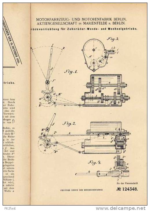 Original Patentschrift - Motorfahrzeugfabrik AG In Marienfelde B. Berlin , 1900 , Wechselgetriebe , Getriebe !!! - Cars