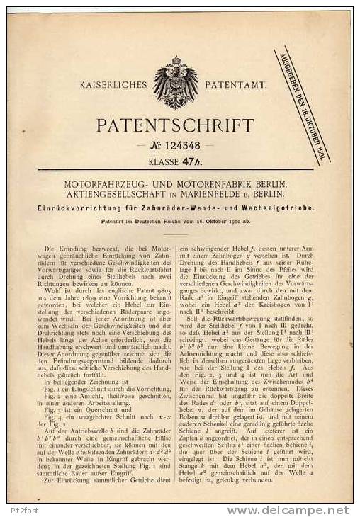 Original Patentschrift - Motorfahrzeugfabrik AG In Marienfelde B. Berlin , 1900 , Wechselgetriebe , Getriebe !!! - Cars