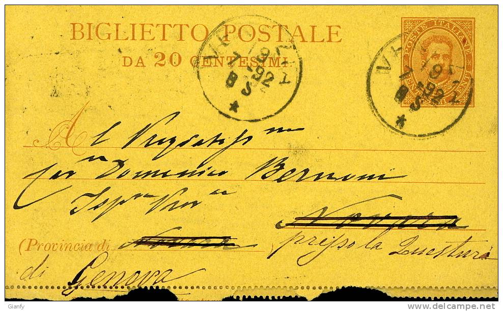BIGLIETTO POSTALE REGNO UMBERTO I 20 C.VG 1892 VENEZIA X NOVARA POI X GENOVA - Entiers Postaux