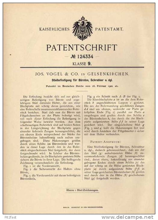 Original Patentschrift - J. Vogel & Co In Gelsenkirchen , 1901 , Stielbefestigung Für Bürsten , Schrubber !!! - Antike Werkzeuge