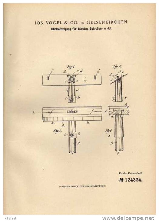 Original Patentschrift - J. Vogel & Co In Gelsenkirchen , 1901 , Stielbefestigung Für Bürsten , Schrubber !!! - Antike Werkzeuge