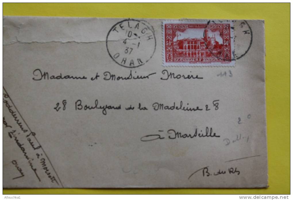 Lettre :Telagh ORAN Pr Marseille >Timbre N°113(Algérie Ex Colonie Française)CAD Manuel 04/01/1937 - Briefe U. Dokumente