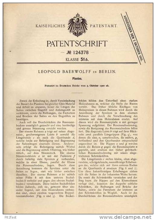 Original Patentschrift - L. Baerwolff In Berlin , 1900 , Piano , Pianino , Klavier !!! - Musikinstrumente