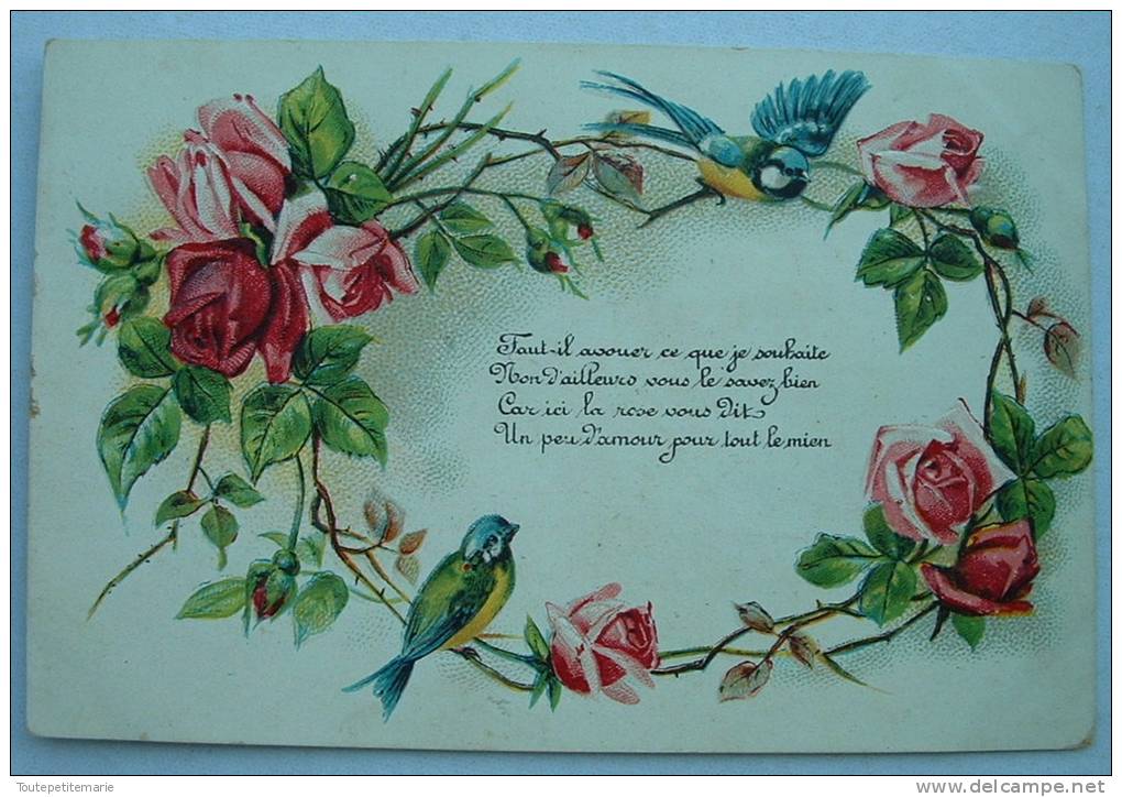 Carte Gauffrée Deux Oiseaux Sur Une Couronne De Roses Faut Il Avouer Ce Que Je Souhaite - Autres & Non Classés