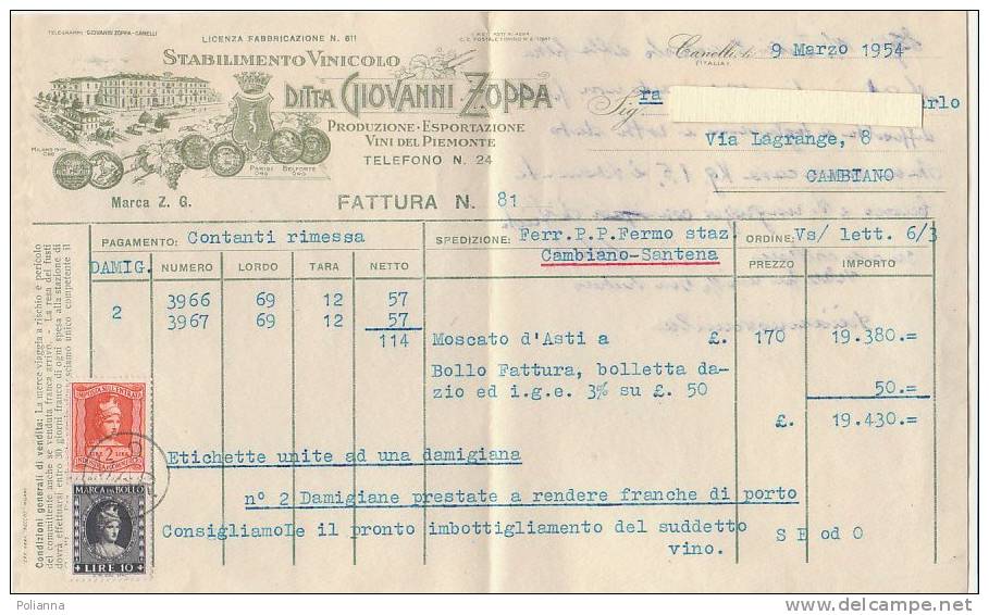 PO4114B# FATTURA STABILIMENTO VINICOLO G.ZOPPA - VINO PIEMONTE 1954 - Italia