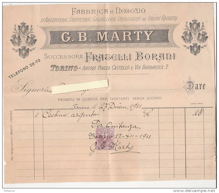 PO4118B# FATTURA FABBRICA ARGENTERIE-OREFICERIA-GIOIELLI-OROLOGI G.B.MARTY - TORINO Marca Bollo 1911 - Italia