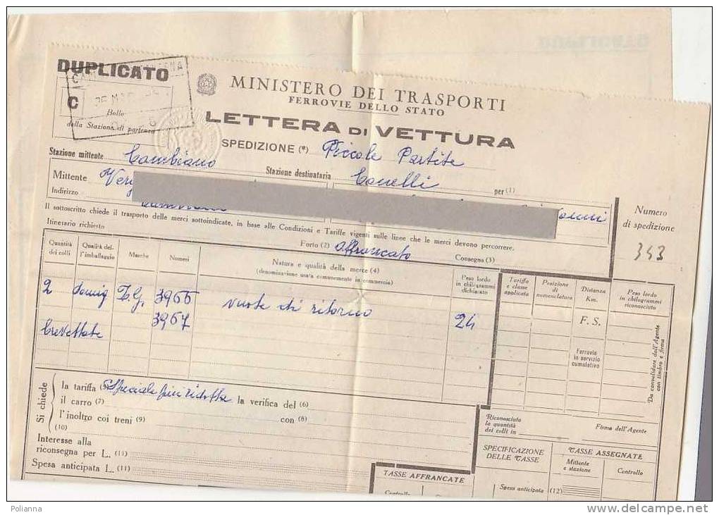 PO4128B# FERROVIE - LETTERA DI VETTURA TRENO - TRASPORTO DAMIGIANE VINO 1954 - Europe