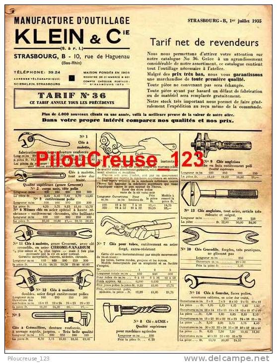 67 Bas Rhin - STRASBOURG - " Catalogue Manufacture D'Outillage KLEIN & Cie " - N°36 Du 01/07/1935 - Material Y Accesorios