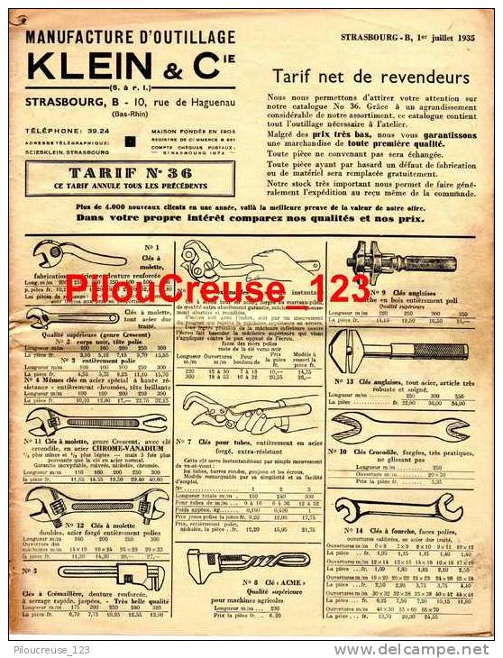 67 Bas Rhin - STRASBOURG - " Catalogue Manufacture D'Outillage KLEIN & Cie " - N°36 Du 01/07/1935 - Matériel Et Accessoires