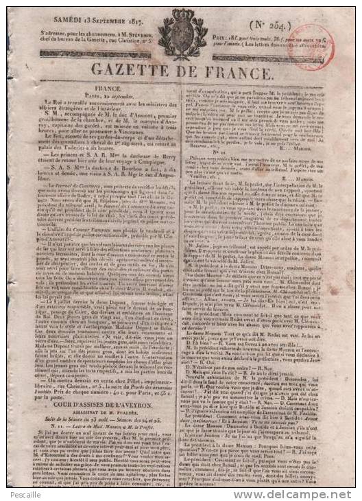 GAZETTE DE FRANCE 13 09 1817 - AVEYRON AFFAIRE ASSASSINAT FUALDES - - 1800 - 1849