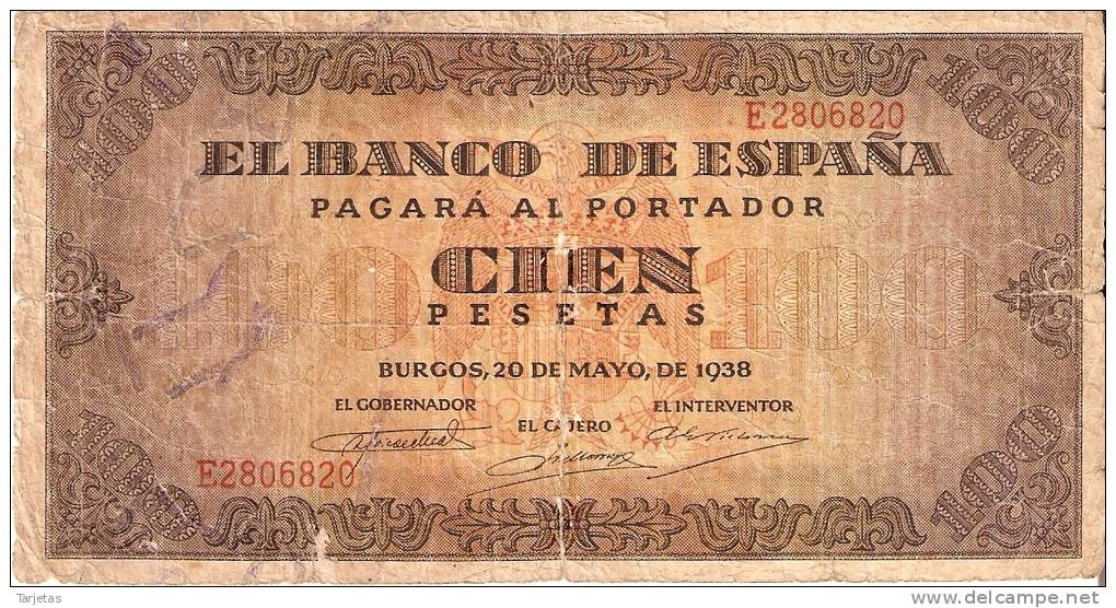 BILLETE DE ESPAÑA DE 100 PTAS 20/05/1938 SERIE D (BANK NOTE) RC - 100 Pesetas