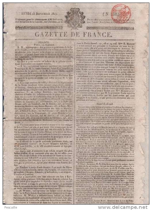 GAZETTE DE FRANCE 15 09 1817 - AVEYRON AFFAIRE ASSASSINAT FUALDES - - 1800 - 1849
