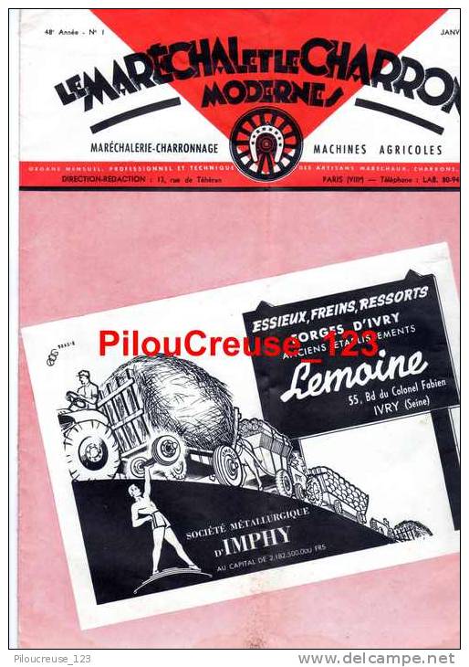 94 - IVRY - " Pub LEMOINE Forges D'IVRY - Revue Janvier 1952 - Le Maréchal Et Le Charron Moderne - Material Y Accesorios