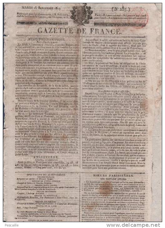 GAZETTE DE FRANCE 16 09 1817 - ETATS UNIS - LONDRES - AVOCATS - VIENNE - BERLIN - SUISSE - - 1800 - 1849