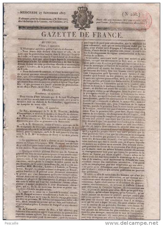 GAZETTE DE FRANCE 17 09 1817 - CESSION DE 1816 - AVEYRON RODEZ AFFAIRE ASSASSINAT FUALDES - 1800 - 1849