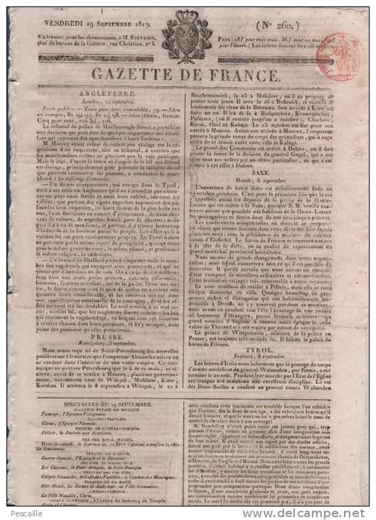 GAZETTE DE FRANCE 19 09 1817 - LONDRES - PRUSSE - SAXE - TYROL - HAGUENAU - POEME ABEL GAUDEFROY - THEATRE - 1800 - 1849