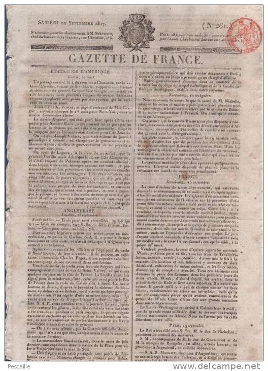 GAZETTE DE FRANCE 20 09 1817 - LONDRES - ETATS UNIS - STRASBOURG HOLZHEIM TRUCHTERSHEIM - AVEYRON AFFAIRE FUALDES - - 1800 - 1849
