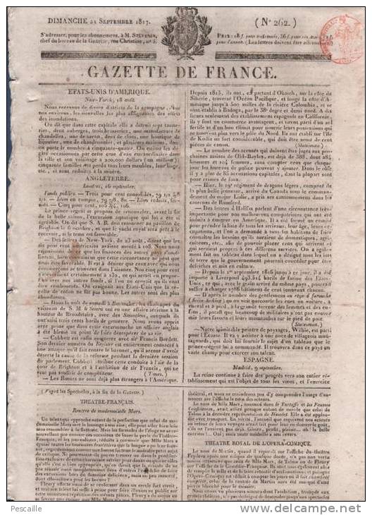 GAZETTE DE FRANCE 21 09 1817 - THEATRE FRANCAIS Mlle MARS - LONDRES - RODEZ AFFAIRE FUALDES - OPERA COMIQUE - MADRID - - 1800 - 1849