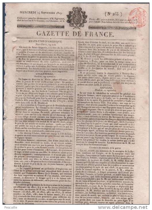 GAZETTE DE FRANCE 24 09 1817 - LONDRES - MADRID - VIENNE - BRESIL - STRASBOURG - COLLEGE ELECTORAL DEPARTEMENT SEINE - - 1800 - 1849