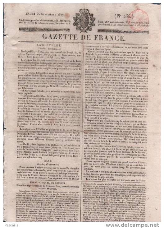 GAZETTE DE FRANCE 25 09 1817 - LONDRES - SAXE - THEATRE ODEON - CHAUMONT - THEATRE AMBIGU COMIQUE - THEATRE DES VARIETES - 1800 - 1849