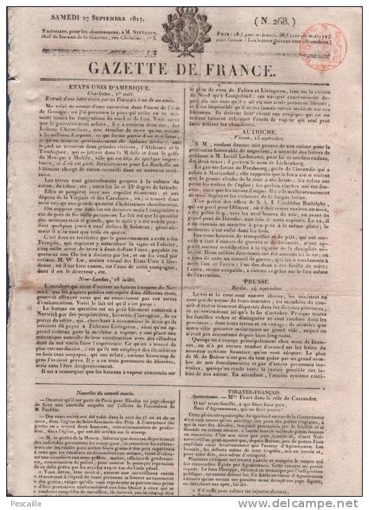GAZETTE DE FRANCE 27 09 1817 - ETATS UNIS - THEATRE FRANCAIS Mlle FEART - ARMEE FRANCAISE - AFFAIRE COMTE ET DUNOYER - 1800 - 1849