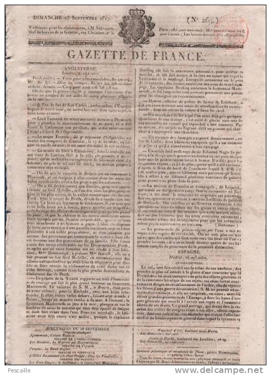 GAZETTE DE FRANCE 28 09 1817 - LONDRES - MADRID - THEATRE PORTE ST MARTIN - VIENNE - BAVIERE - RODEZ - - 1800 - 1849