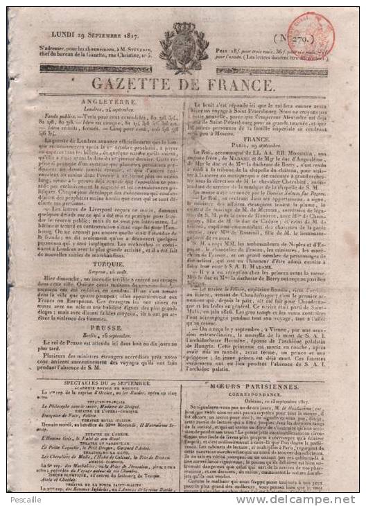 GAZETTE DE FRANCE 29 09 1817 - LONDRES - ORLEANS J.P. DESBOIS - RODEZ AFFAIRE FUALDES - - 1800 - 1849