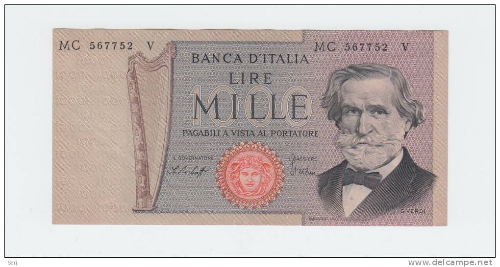 Italy 1000 Lire 1977 AXF CRISP Banknote Verdi P 101e 101 E - 1000 Liras