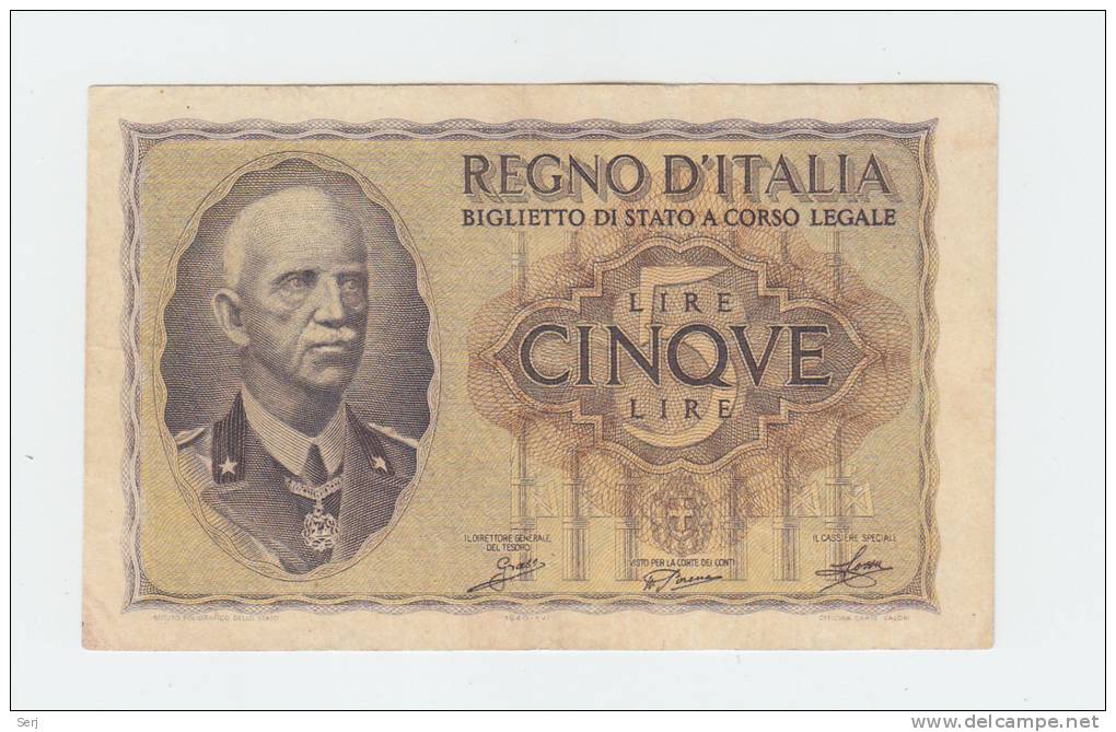 ITALY 5 Lire 1940 VF++ P 28 - Italia – 5 Lire